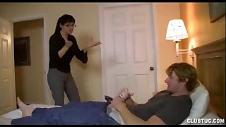His HOT Measure Mom is PISSED&excl; Punishes him with Handjob together with Blowjob